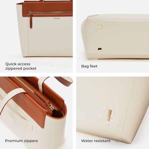 Bolsa de hombro para mujer, compatible con portátiles de hasta 14 pulgadas, cuero vegano, ideal para trabajo y uso diario, color crema