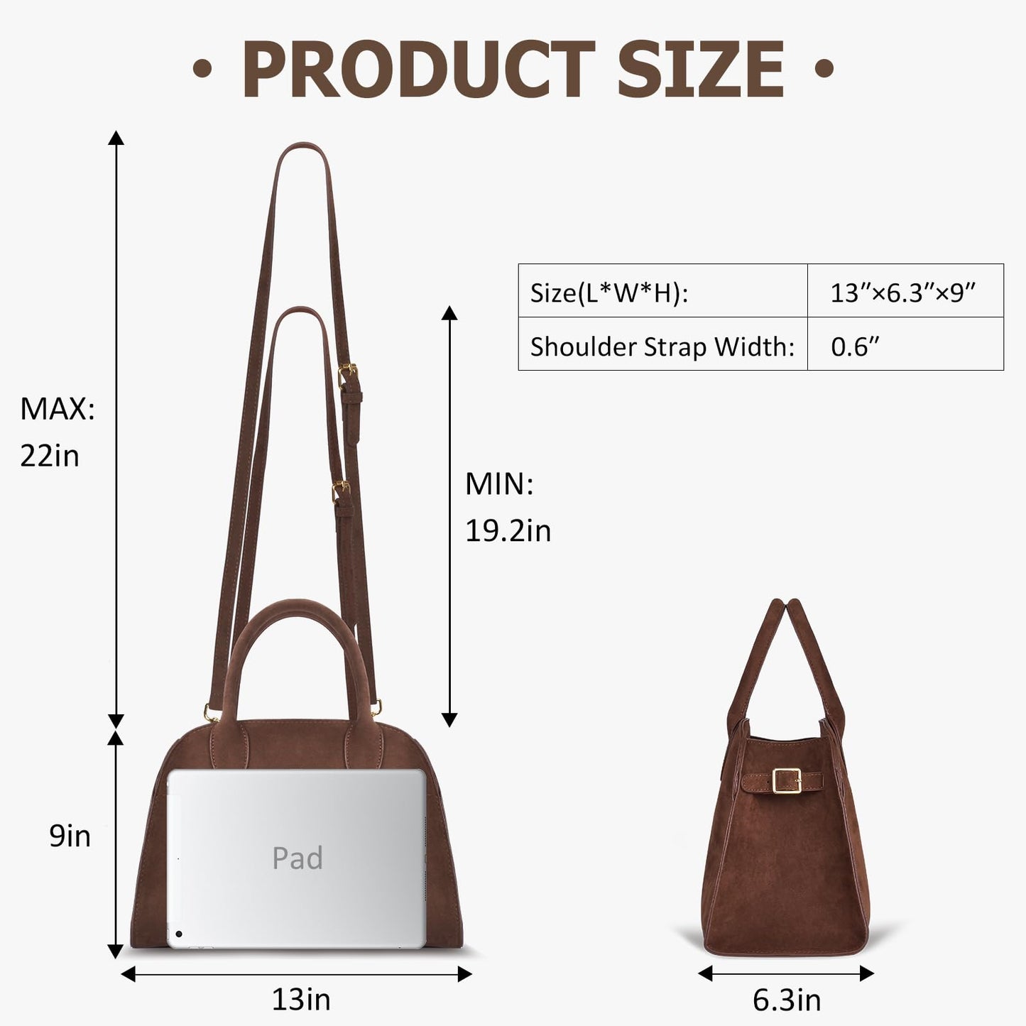 Bolsa para mujer de gamuza vegana estilo retro, piel sintética, asa superior, color marrón, con 4 compartimentos y correa cruzada