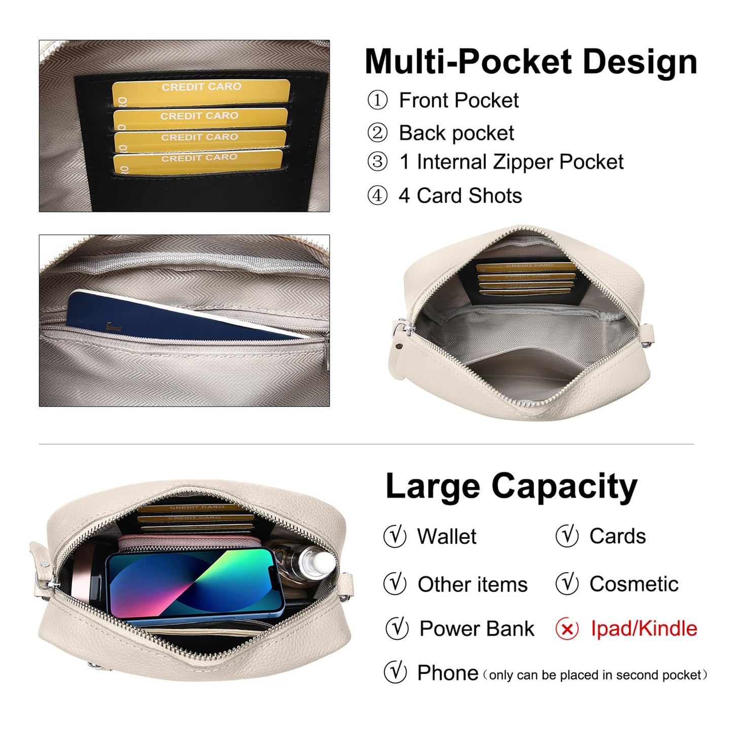 Bolsa cruzada para mujer de piel auténtica con correa de guitarra, bolso de hombro práctico con ranuras para tarjetas RFID, color beige, diseño a la moda