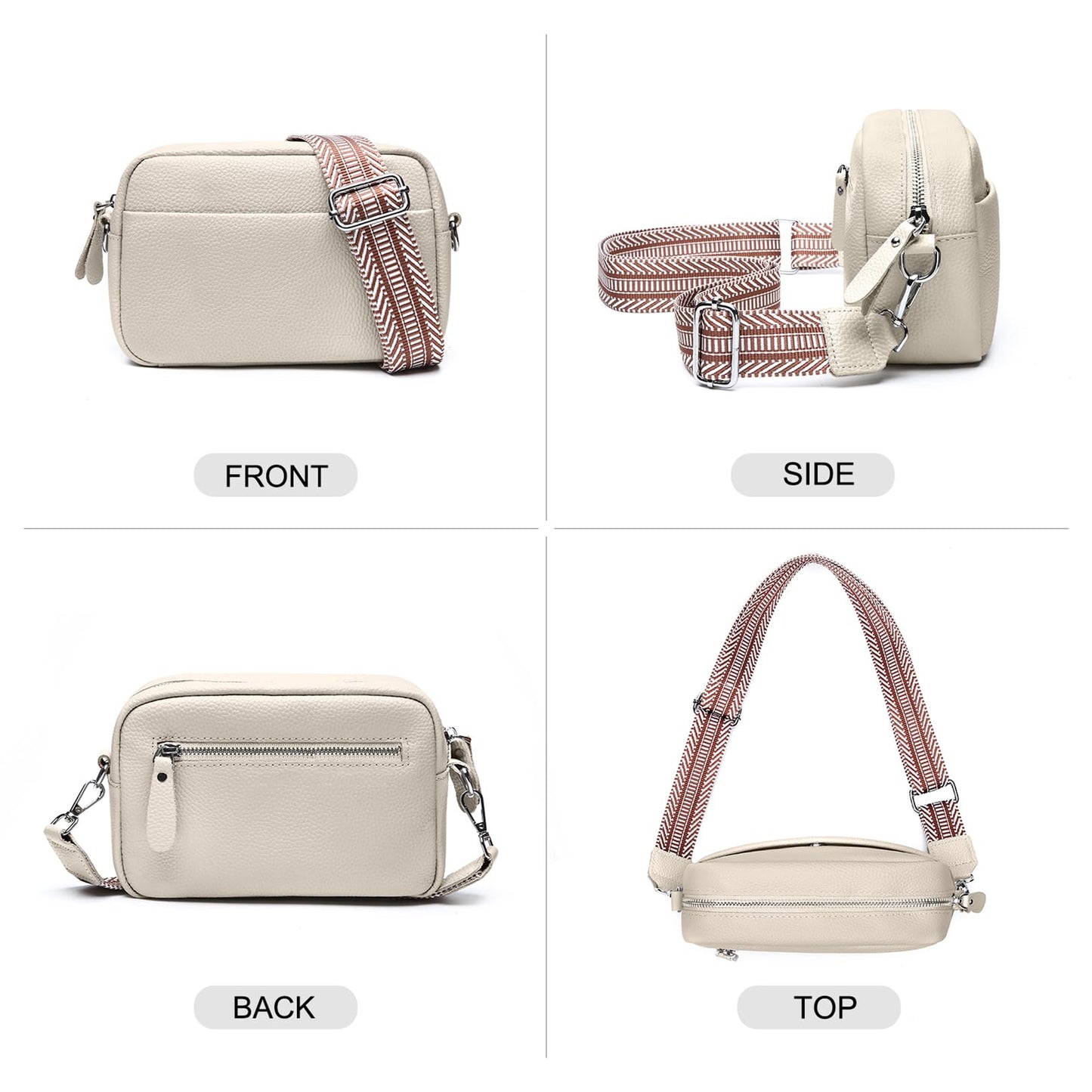 Bolsa cruzada para mujer de piel auténtica con correa de guitarra, bolso de hombro práctico con ranuras para tarjetas RFID, color beige, diseño a la moda