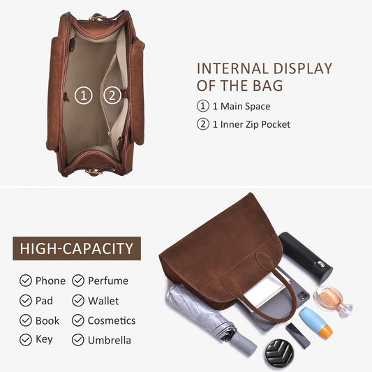 Bolsa para mujer de gamuza vegana estilo retro, piel sintética, asa superior, color marrón, con 4 compartimentos y correa cruzada