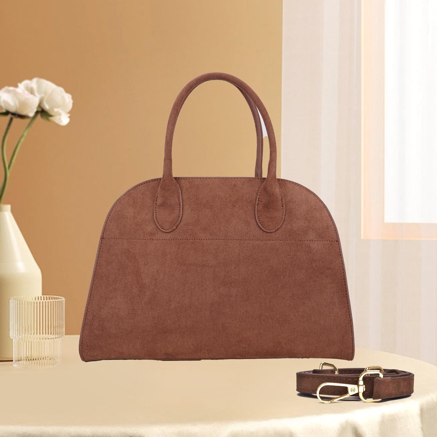 Bolsa para mujer de gamuza vegana estilo retro, piel sintética, asa superior, color marrón, con 4 compartimentos y correa cruzada