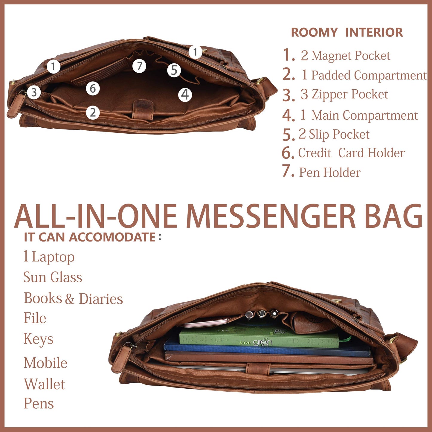 Bolso bandolera de piel para portátil de hasta 14 pulgadas, diseño vintage color coñac, ideal para viajes y trabajo universitario