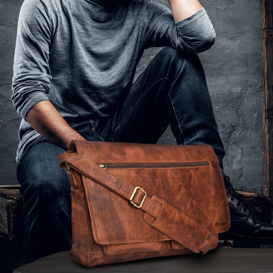 Bolso bandolera de piel para portátil de hasta 14 pulgadas, diseño vintage color coñac, ideal para viajes y trabajo universitario