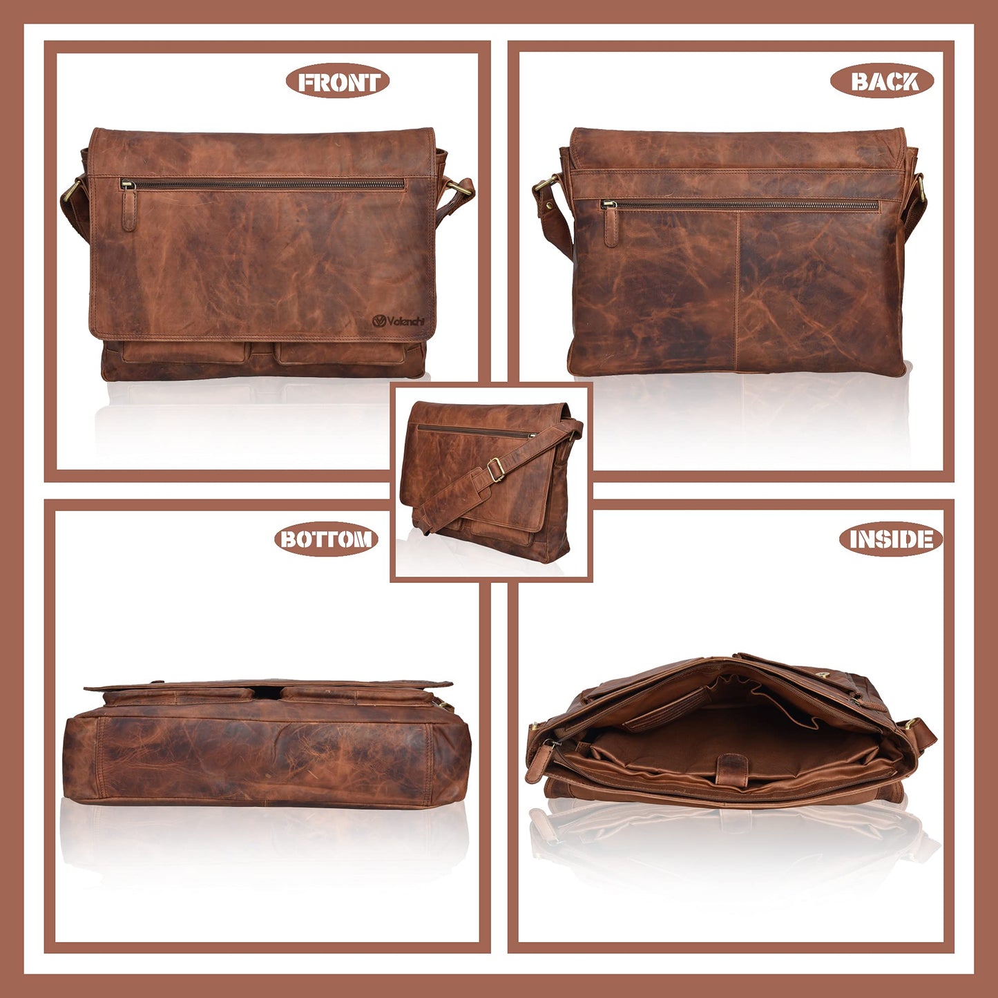 Bolso bandolera de piel para portátil de hasta 14 pulgadas, diseño vintage color coñac, ideal para viajes y trabajo universitario