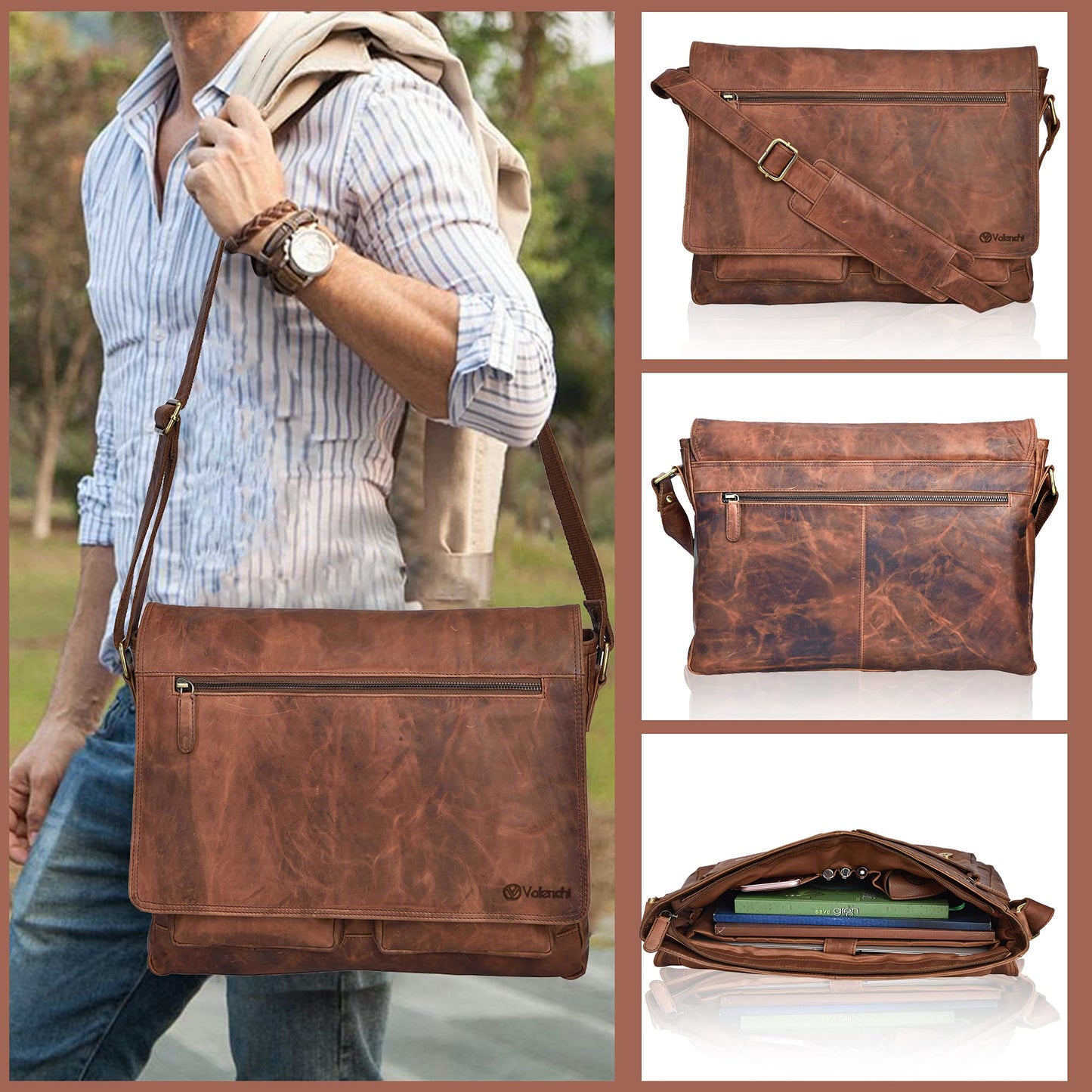 Bolso bandolera de piel para portátil de hasta 14 pulgadas, diseño vintage color coñac, ideal para viajes y trabajo universitario