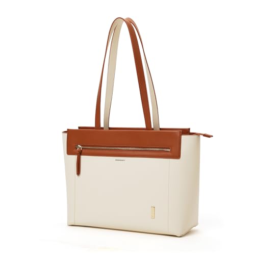 Bolsa de hombro para mujer, compatible con portátiles de hasta 14 pulgadas, cuero vegano, ideal para trabajo y uso diario, color crema