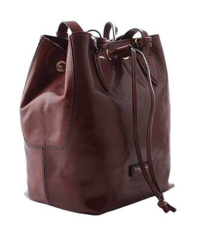 Bolsa tipo cubo para mujer de cuero marrón, diseño moderno y elegante