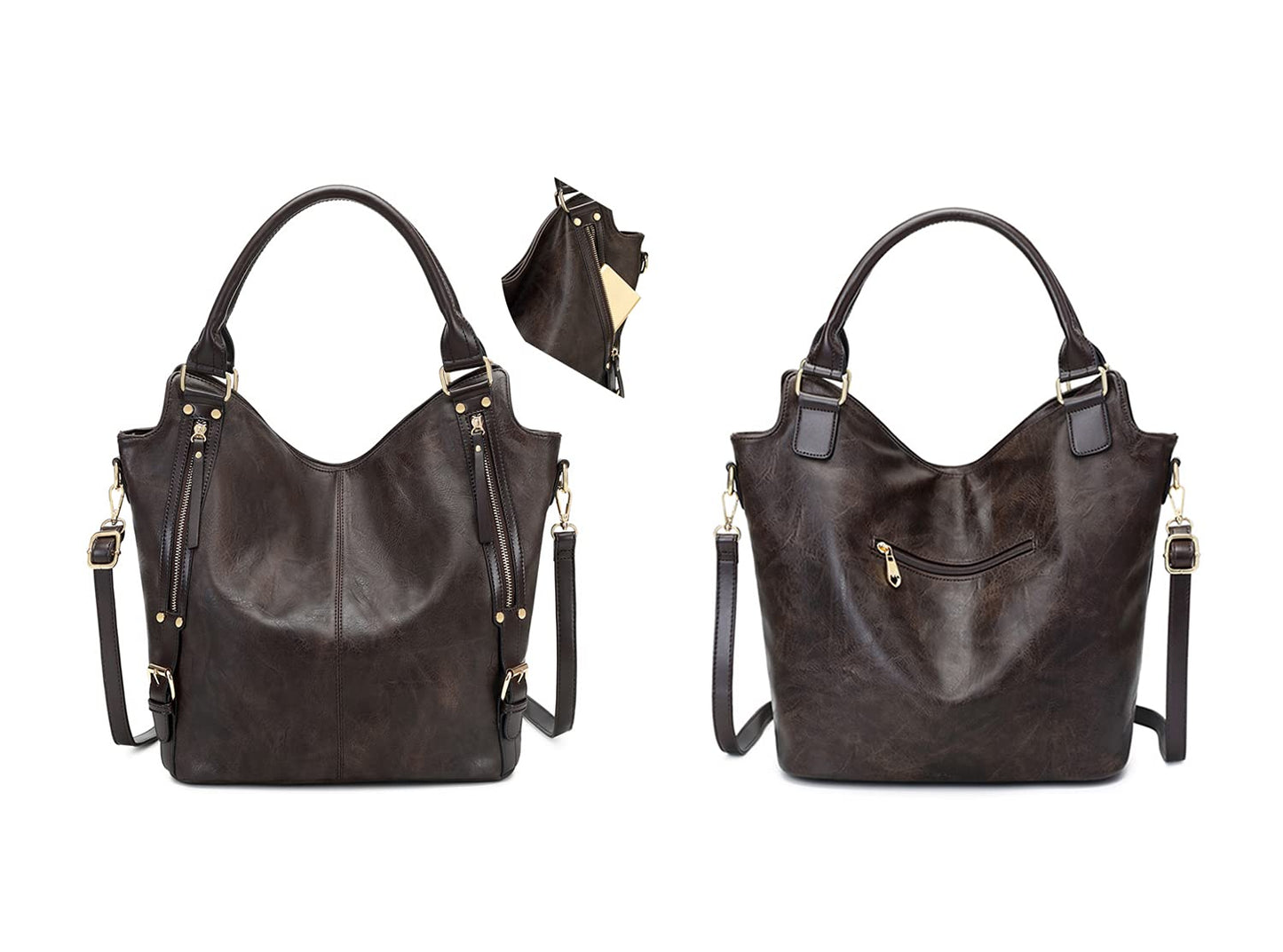 Bolso de mano y bolso de hombro para mujer de cuero PU con correa ajustable, color café oscuro, tamaño grande, estilo moderno y práctico