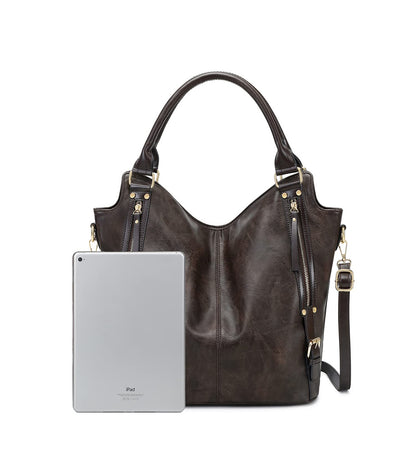 Bolso de mano y bolso de hombro para mujer de cuero PU con correa ajustable, color café oscuro, tamaño grande, estilo moderno y práctico