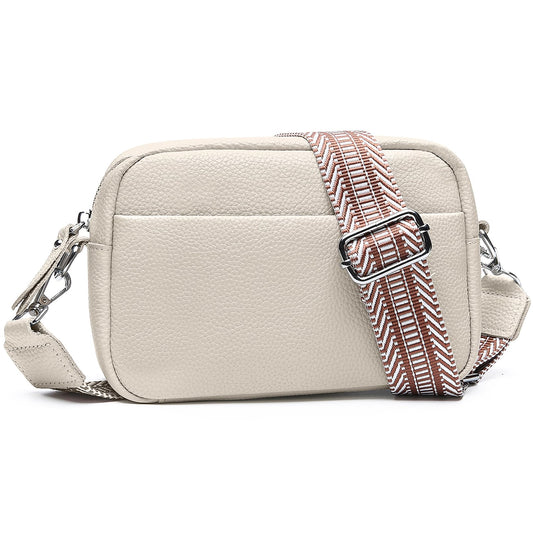 Bolsa cruzada para mujer de piel auténtica con correa de guitarra, bolso de hombro práctico con ranuras para tarjetas RFID, color beige, diseño a la moda