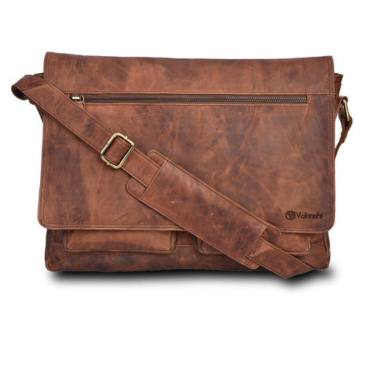 Bolso bandolera de piel para portátil de hasta 14 pulgadas, diseño vintage color coñac, ideal para viajes y trabajo universitario