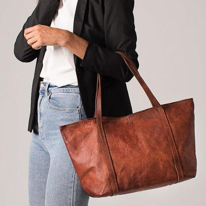 Bolso de mano shopper para mujer de cuero genuino premium, compatible con portátiles de hasta 16 pulgadas, ideal para trabajo, universidad y uso diario, color marrón