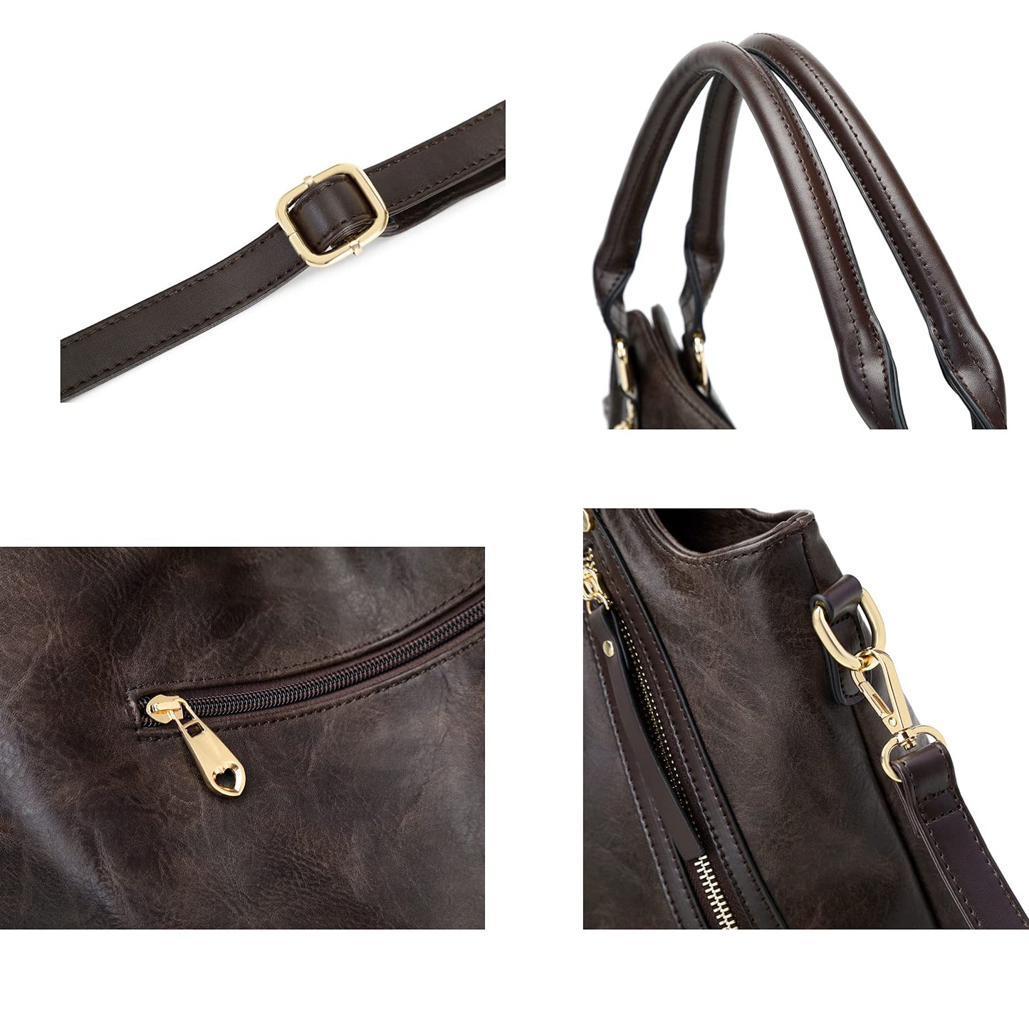 Bolso de mano y bolso de hombro para mujer de cuero PU con correa ajustable, color café oscuro, tamaño grande, estilo moderno y práctico