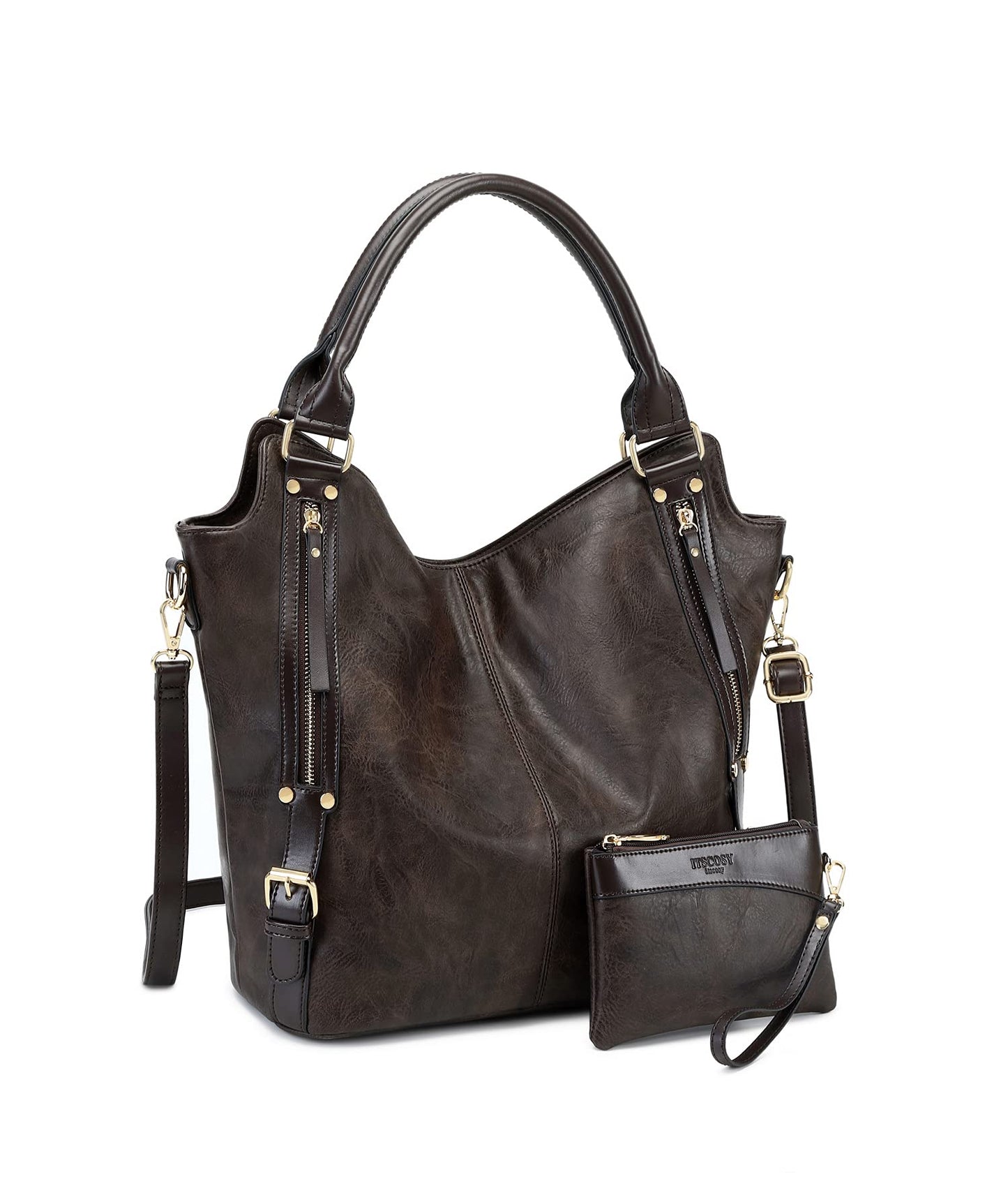 Bolso de mano y bolso de hombro para mujer de cuero PU con correa ajustable, color café oscuro, tamaño grande, estilo moderno y práctico