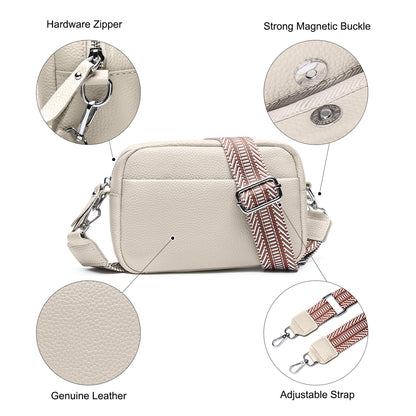Bolsa cruzada para mujer de piel auténtica con correa de guitarra, bolso de hombro práctico con ranuras para tarjetas RFID, color beige, diseño a la moda