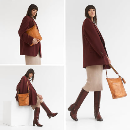 Bolso de hombro vintage de piel auténtica para mujer, color marrón, estilo clásico y versátil