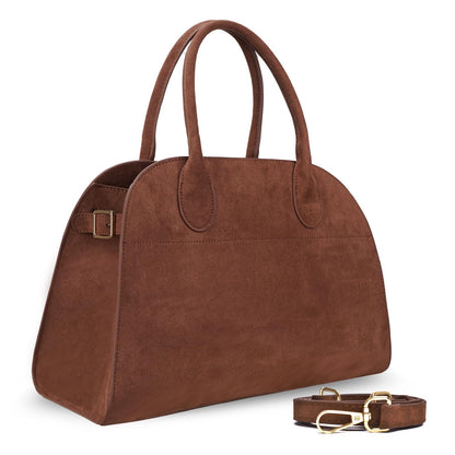 Bolsa para mujer de gamuza vegana estilo retro, piel sintética, asa superior, color marrón, con 4 compartimentos y correa cruzada