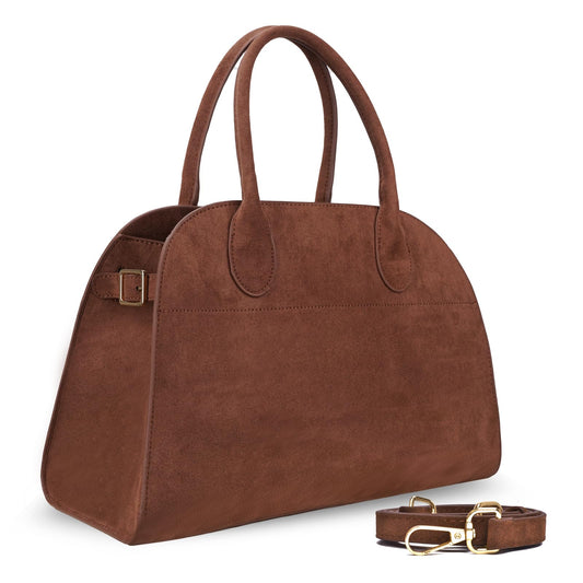 Bolsa para mujer de gamuza vegana estilo retro, piel sintética, asa superior, color marrón, con 4 compartimentos y correa cruzada