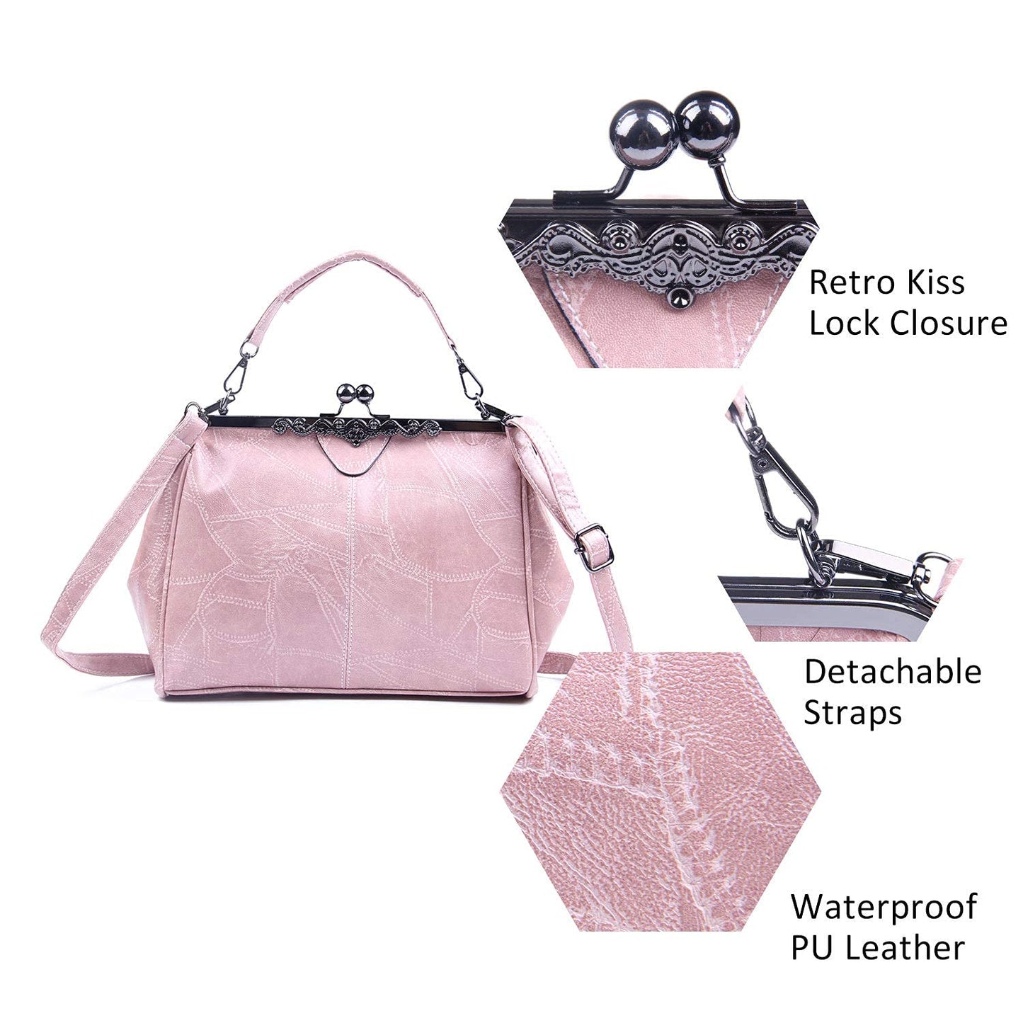 Bolso retro de mujer de cuero PU con asa superior, estilo vintage, bolso de hombro crossbody con cierre Kiss Lock