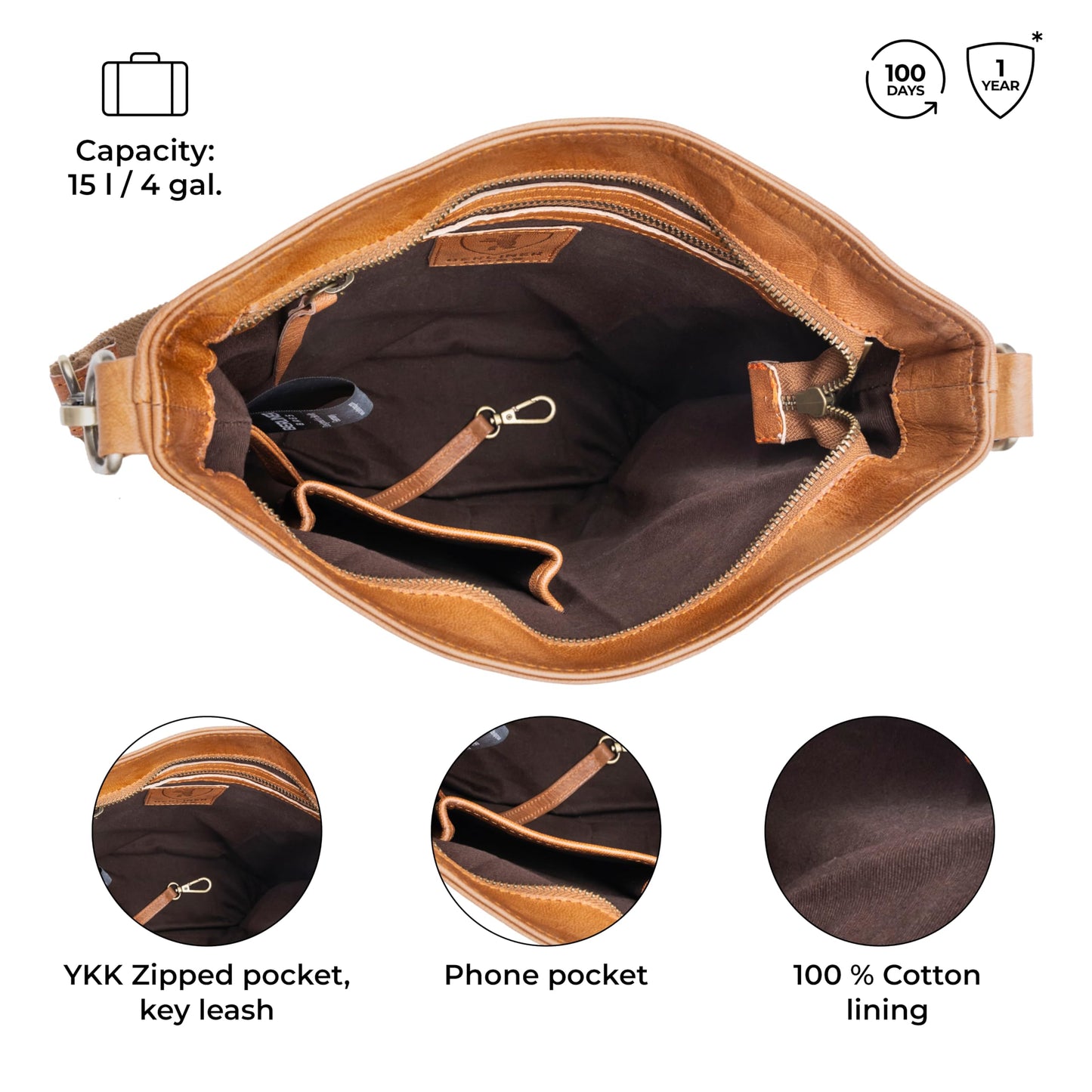 Bolso de hombro vintage de piel auténtica para mujer, color marrón, estilo clásico y versátil