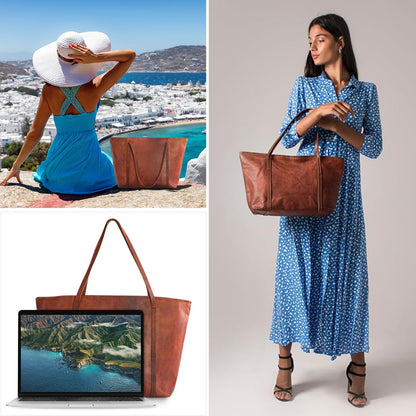 Bolso de mano shopper para mujer de cuero genuino premium, compatible con portátiles de hasta 16 pulgadas, ideal para trabajo, universidad y uso diario, color marrón