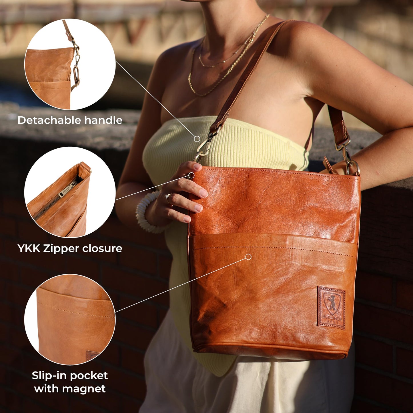 Bolso de hombro vintage de piel auténtica para mujer, color marrón, estilo clásico y versátil